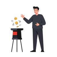 Man performing magic trick with coins using flat illustration art vector