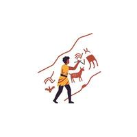 Human figure creating ancient cave art in flat illustration style vector