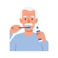 Elderly man brushing teeth with toothbrush and toothpaste in flat art vector