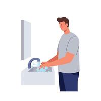 Man washing hands at a sink in flat minimal illustration vector