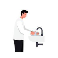 Man washing hands at sink in flat minimal design illustration vector