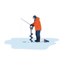 Fisherman using an ice auger on frozen lake in flat art vector