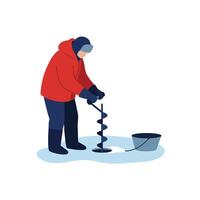 Ice fishing scene with person using auger in minimal illustration vector