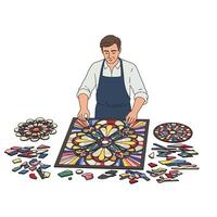 Artisan working on colorful stained glass design in minimal art vector