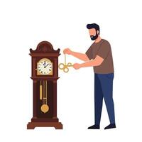 Man adjusting pendulum on antique clock in flat art style vector