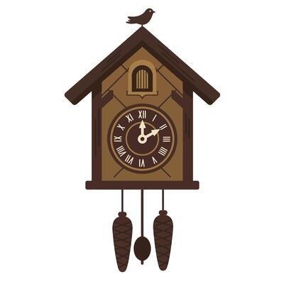 Cuckoo clock design in flat style with bird, pine cones, and detailed art