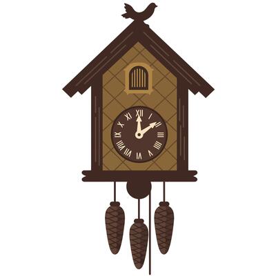 Detailed cuckoo clock design in flat style featuring bird and pinecones art