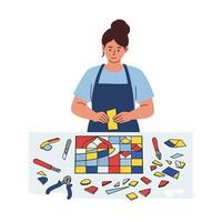 Craftsman working on colorful geometric shapes in flat art vector
