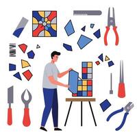 Crafting colorful mosaic design with tools in flat art vector