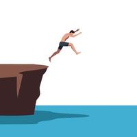 Man jumping off a cliff into water in flat art vector