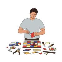 Man crafting colorful geometric shapes with tools in flat illustration vector