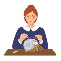 Woman creating intricate lacework with needle and thread in flat art vector