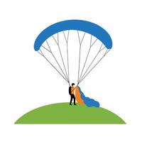 Parachutist landing on the ground with colorful canopy in flat art vector