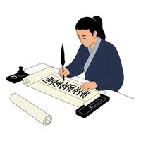 Traditional calligraphy artist creating beautiful script in flat illustration vector