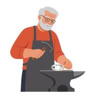 Skilled blacksmith using hammer on anvil in flat art style vector