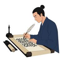 Man writing calligraphy with feather quill in minimal art style vector