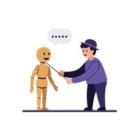 Puppet manipulation demonstration featuring a character in flat art style illustration vector