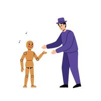 Friendly character interaction between a man and a wooden puppet in flat art vector