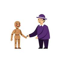 Friendly interaction between a puppet and a person in flat art vector