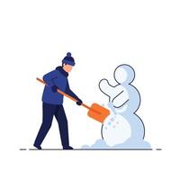 Person building a snowman in flat art style with a shovel and snow vector