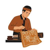 Artisan creating intricate patterns on fabric using traditional techniques in flat art vector