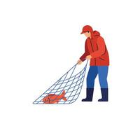 Fisherman catching a fish with a net in flat art style illustration vector
