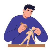 Man sculpting wooden figure with tools in minimal flat design art vector