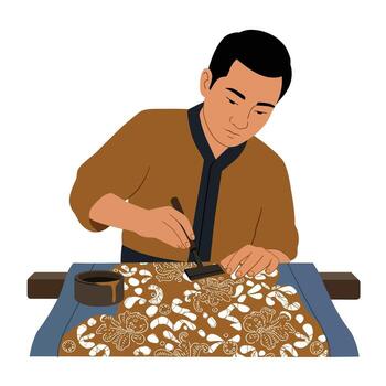 Artisan creating intricate batik design in flat style art vector