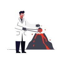 Scientist observing volcanic activity with colorful lava in flat art vector