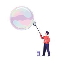 Child blowing a large soap bubble in flat art style vector