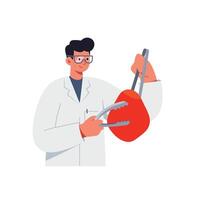 Scientist in white coat using tongs to hold red object in flat art vector