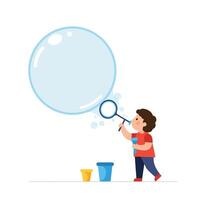 Child blowing large soap bubble in minimal flat design art vector