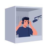 Male voice artist in recording booth with headphones in flat art vector