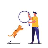 Cat jumping through hoop with person in flat minimal illustration vector