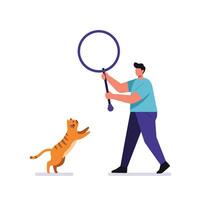 Playful person attempting to catch a jumping cat in flat art vector