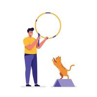 Man training cat to jump through hoop in minimal art vector