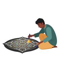 Man creating intricate colorful design with vibrant patterns in flat art vector