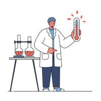 Scientist holding a thermometer in a lab with flasks flat illustration vector
