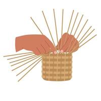 Hands weaving a basket with natural materials in flat art vector