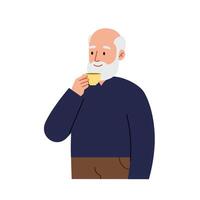 Elderly man enjoying a warm drink in flat art style illustration vector