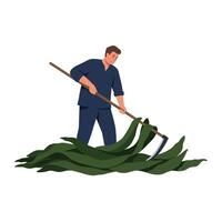 Farmer harvesting crops with scythe in flat minimal art vector