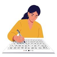 Woman solving puzzle with pen in bright yellow top flat illustration vector