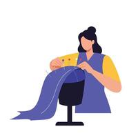 Seamstress working with fabric on mannequin in flat art vector