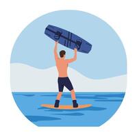Man surfing on water with raised surfboard in flat art vector