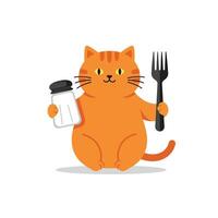 Playful orange cat holding salt shaker and fork in flat art vector