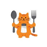 Cat holding spoon and fork with salt shaker in minimal flat art vector