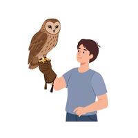 Person holding owl with cheerful expression in flat art style vector