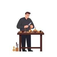 Woodworker focused on crafting with tools in flat illustration vector
