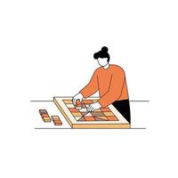 Person assembling colorful blocks on a table in minimal art vector