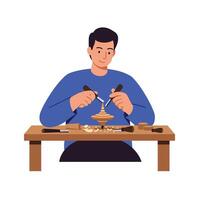 Woodworker shaping a piece with tools in flat illustration vector